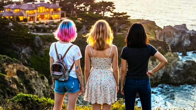 three girls stand together overlooking the California coast